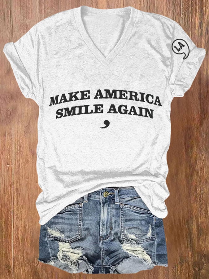 Women's 47 La Printed Casual V Neck T-Shirt