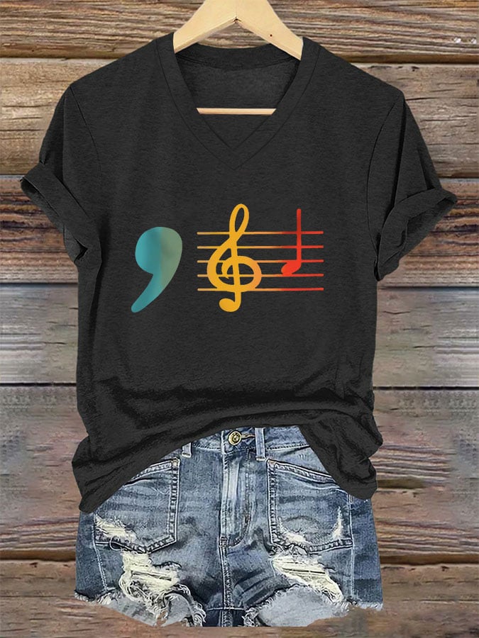 Women's La Music Print V-Neck T-Shirt