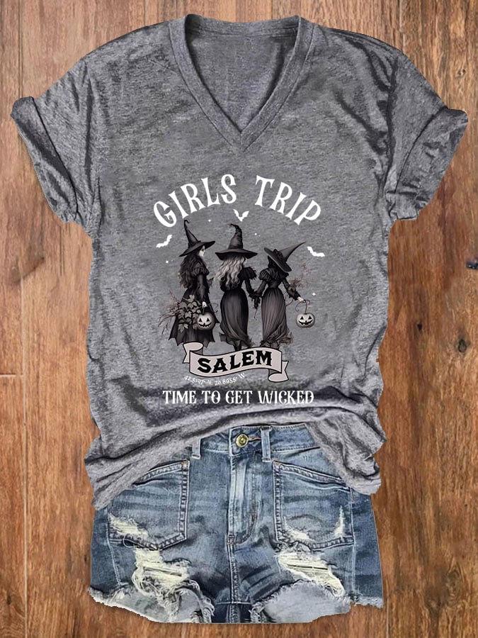 Women's Girls Trip Salem Printed Casual V Neck T-Shirt