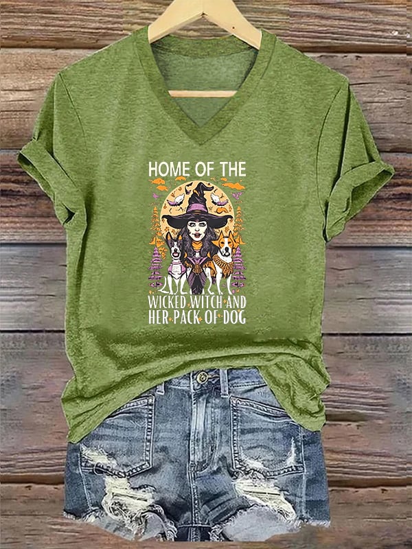 Home Of The Wicked Witch And Her Pack Of Dogs Print V Neck T-Shirt