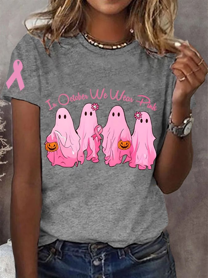 Women's In October We Wear Pink Halloween Ghost Breast Cancer Awareness Warrior Tee