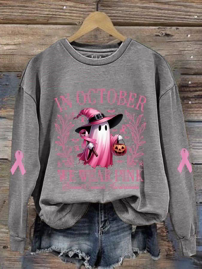 Women's In October We Wear Pink Halloween Ghost Breast Cancer Awareness Warrior Sweatshirt