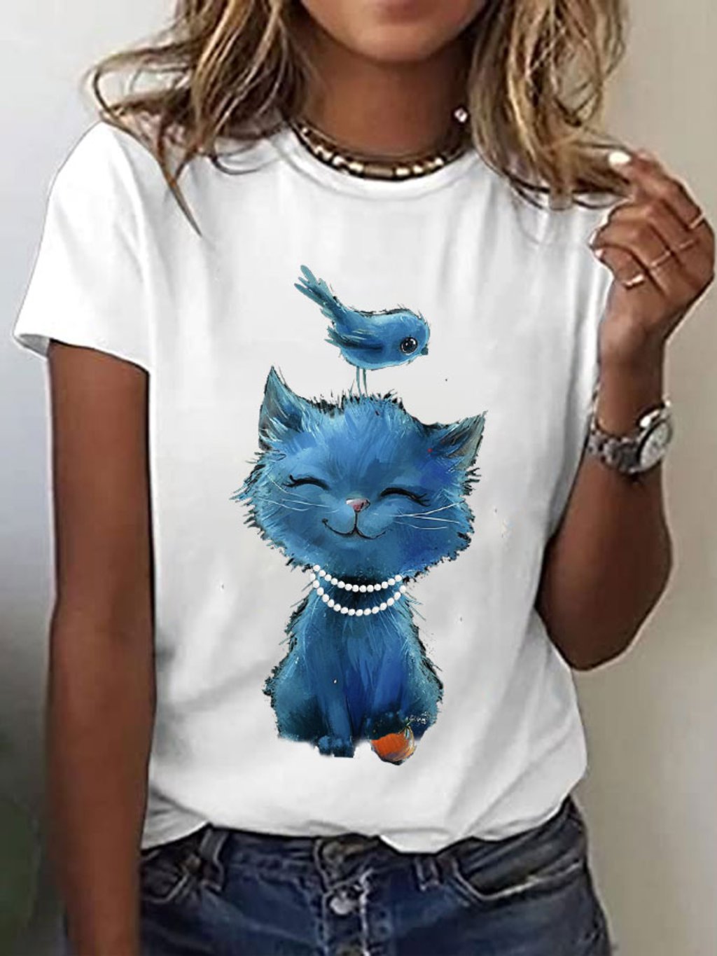 Women's Pearls Blue Cat Bird&Orange Print T-Shirt