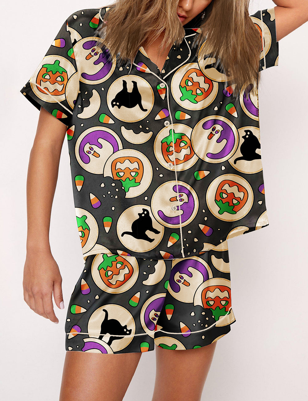 Women's Halloween Pumpkin Black Cat Pajama Set