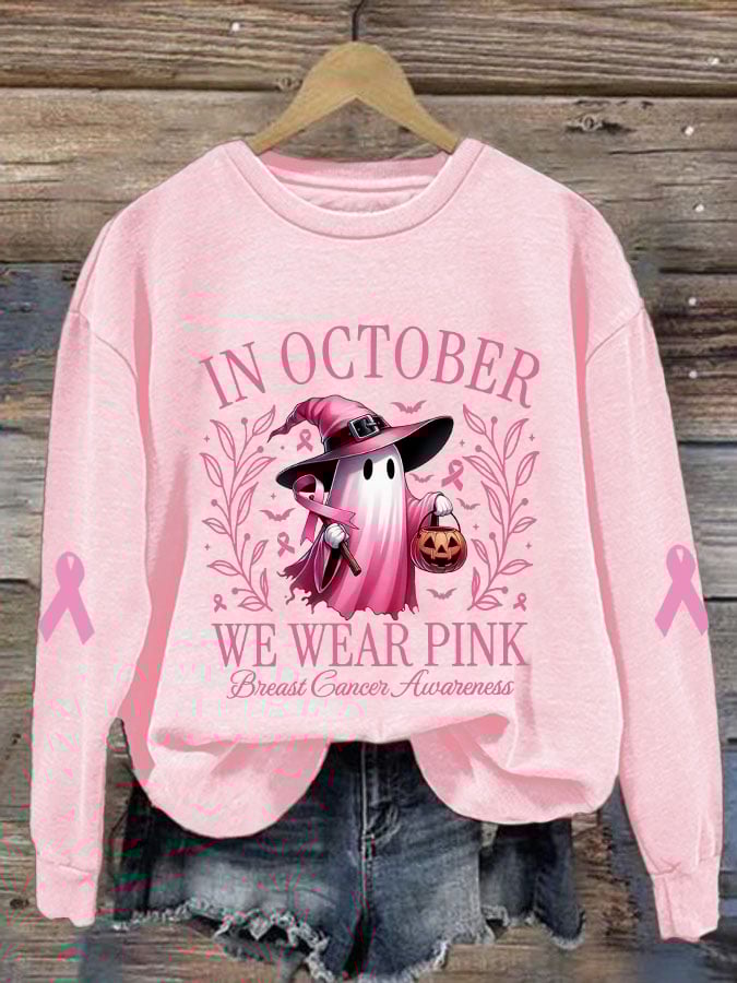 Women's In October We Wear Pink Halloween Ghost Breast Cancer Awareness Warrior Sweatshirt