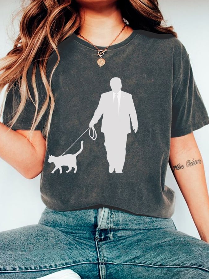Women's Walking The Cat Print Crew Neck T-Shirt