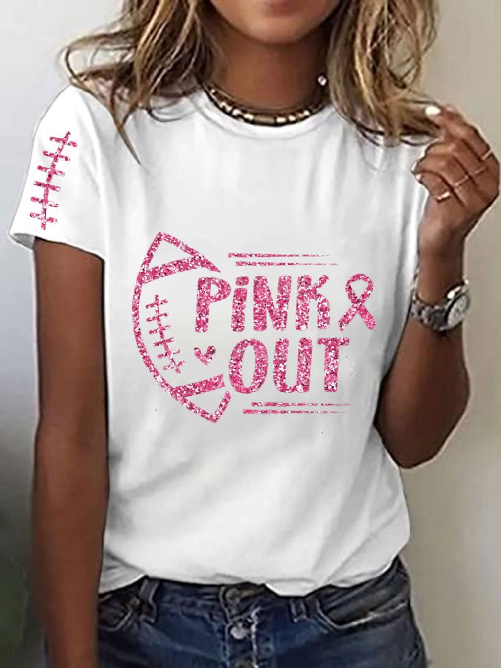 Women's Pink Out Football Breast Cancer Print T-Shirt