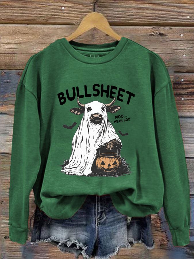 Women's Halloween Bullsheet Print Crew Neck Sweatshirt