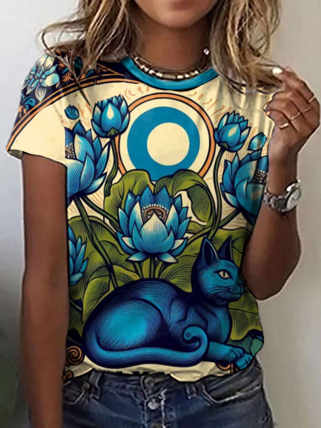 Women's Boho Lotus&Cat Print T-Shirt