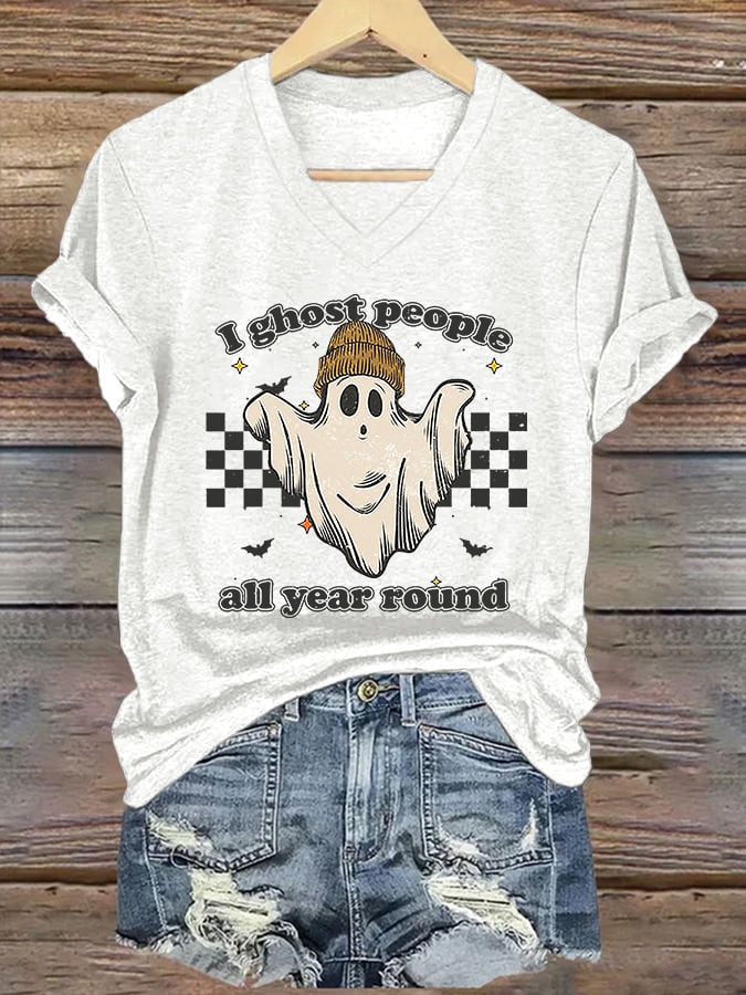 V-neck Retro Halloween I Ghost People All Year Round Print T-Shirt