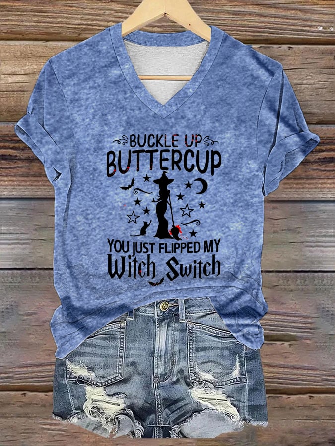 Women's Halloween Buckle Up Buttercup You Just Flipped My Witch Switch Casual Tee