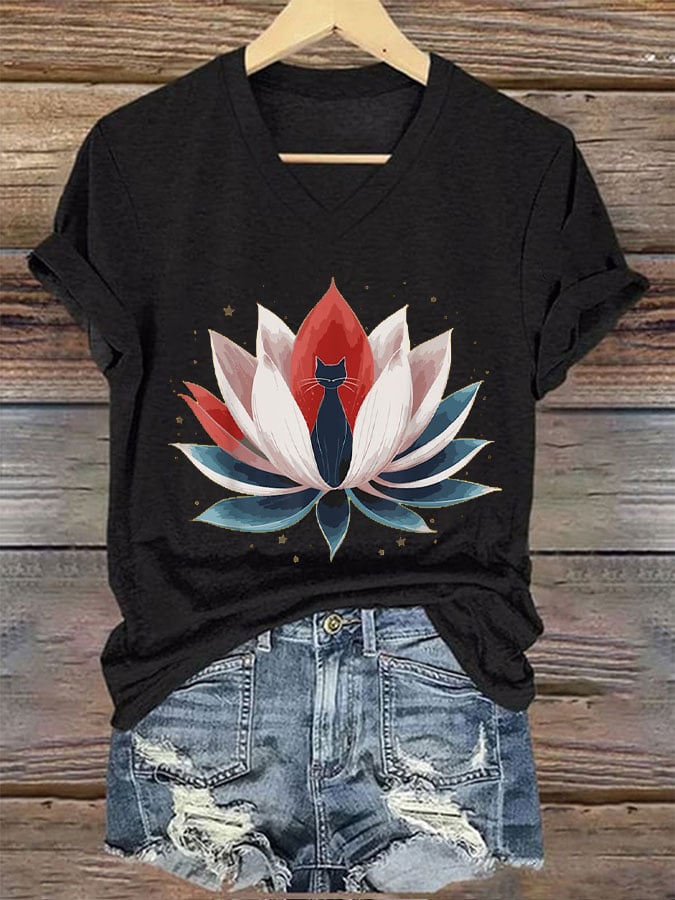 Women's Lotus&Cat Print T-Shirt