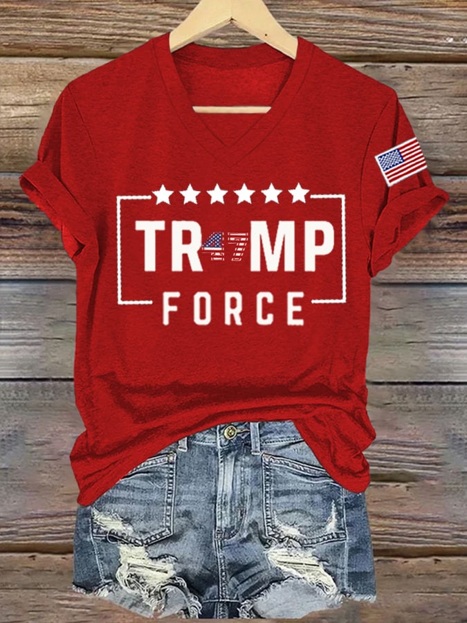 Women's American Flag 47 Print V-Neck T-Shirt