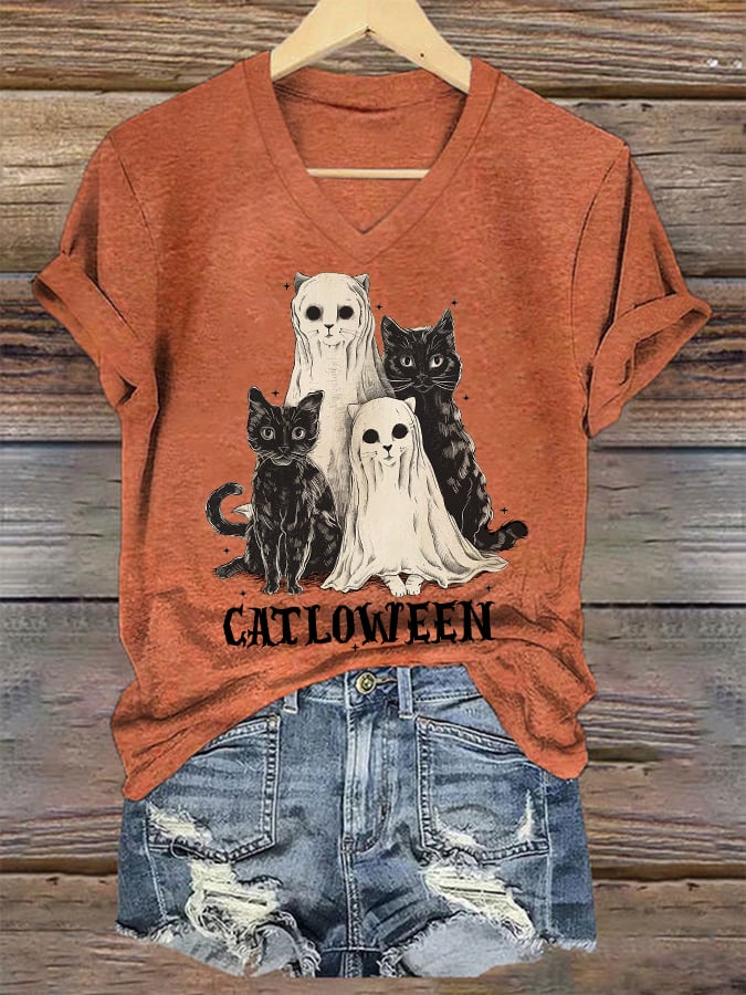 Women's Halloween Catloween Print T-Shirt