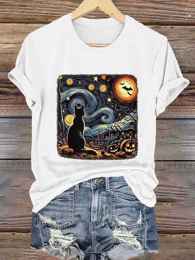 Retro Halloween Van Gogh Starry Night Cat Pumpkins Print T-Shirt
