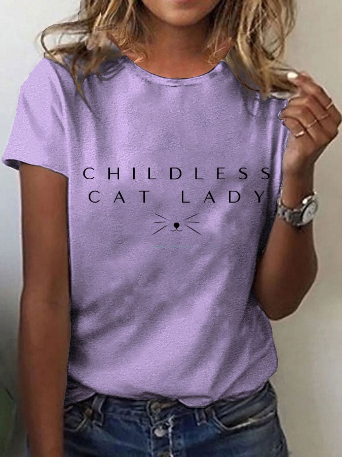 Women's Childless Cat Lady Print O-Neck T-Shirt