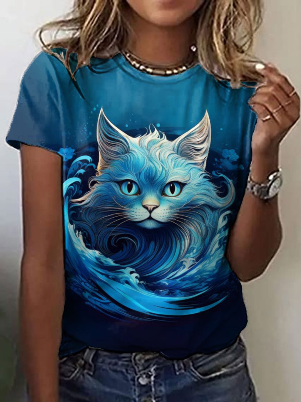 Women's Blue Waves&Cats Print T-Shirt