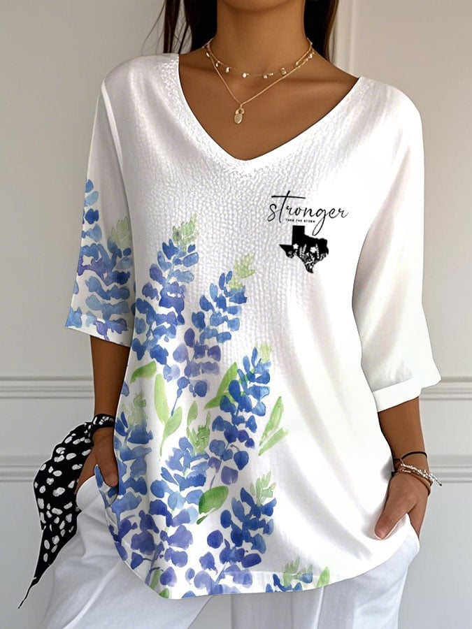 Women's Texas Flooding Print Striped Fabric Casual V-Neck T-Shirt