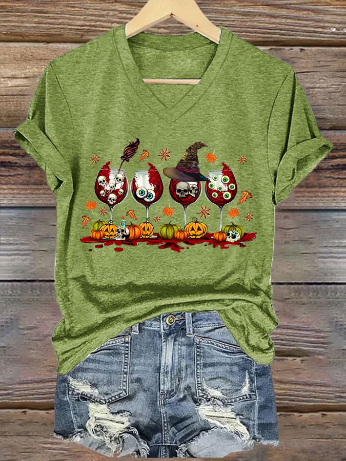 Women's Halloween Red Wine Printed Casual T-shirt