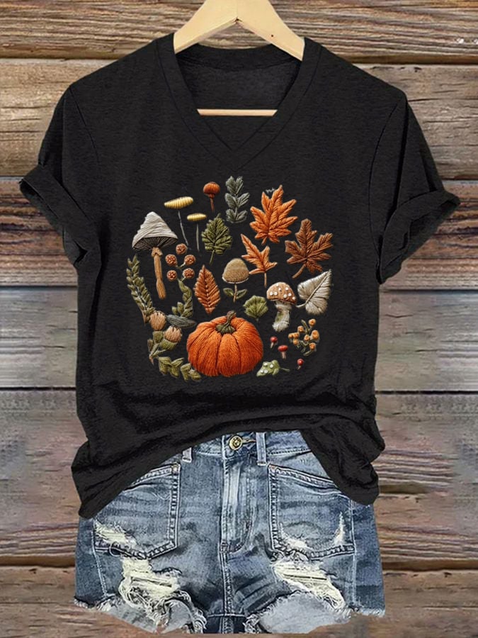 Halloween Pumpkin Maple Leaf Print T-Shirt