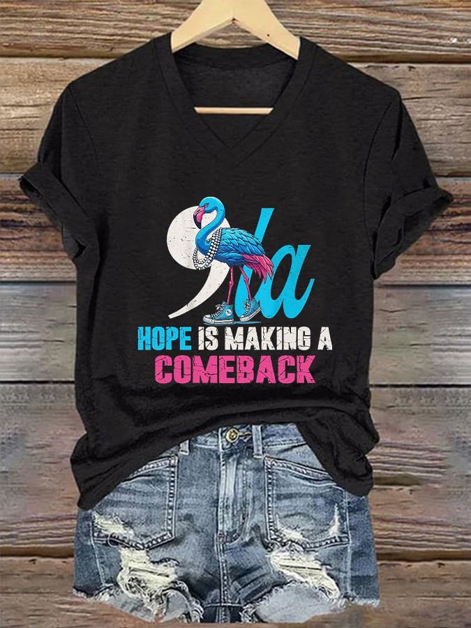 Women's Funny Comma La Hope-Is-Making-A-Comeback Chucks And Pearls Blue Flamingo Print T-Shirt