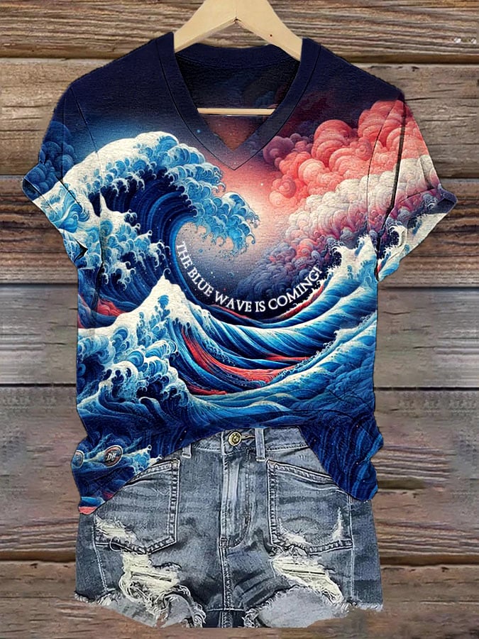 Women's The Blue Wave Is Coming 2024 V-Neck Tee