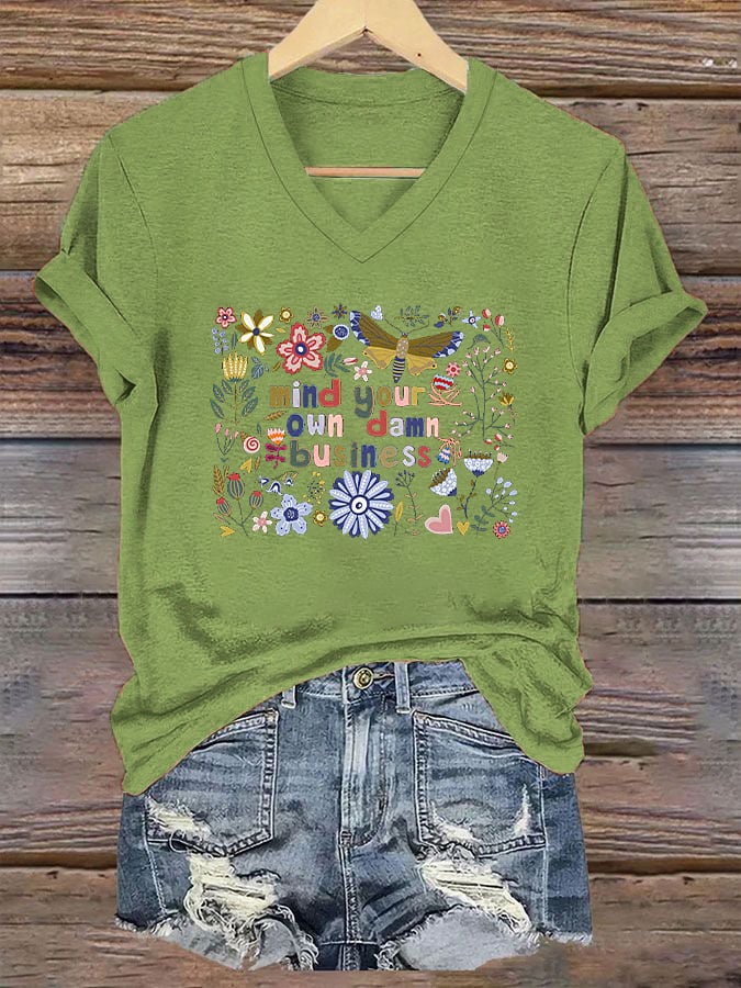 Women's Mind Your Own Damn Business Floral Print V-Neck T-Shirt