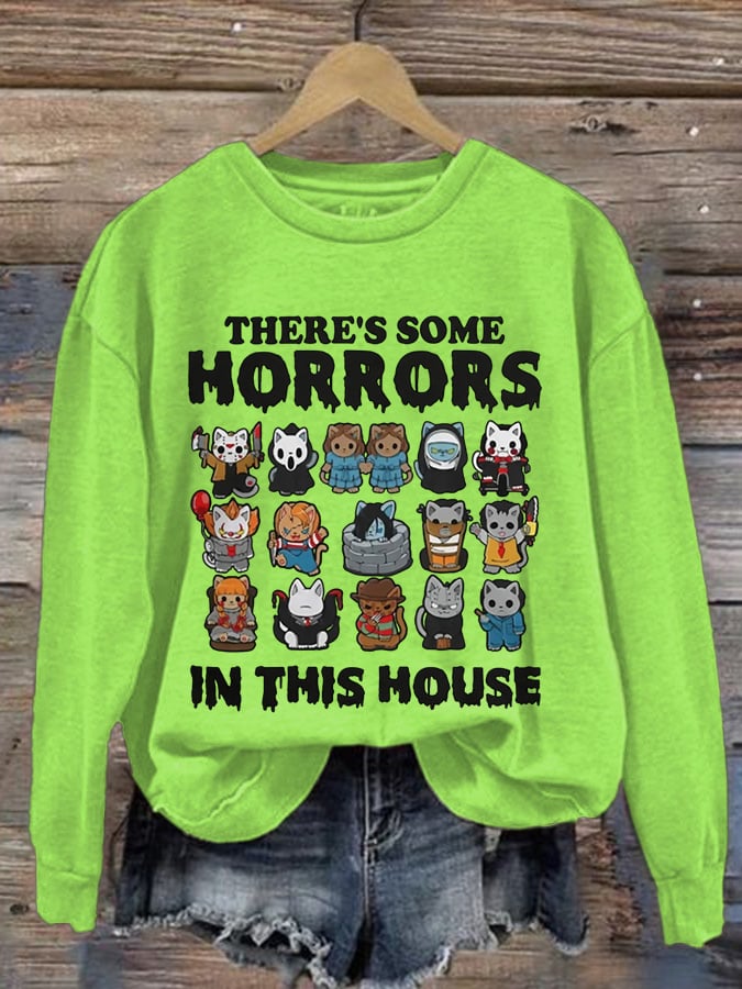 Women's There'S Some Horrors In This House, Halloween Cat Print Long Sleeve Sweatshirt