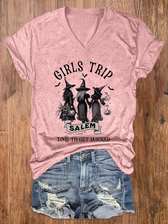 Women's Girls Trip Salem Printed Casual V Neck T-Shirt