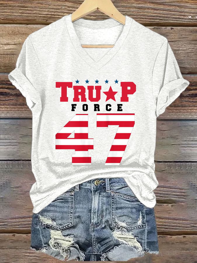 Women's Stars And Stripes 47 Print Casual V-Neck T-Shirt