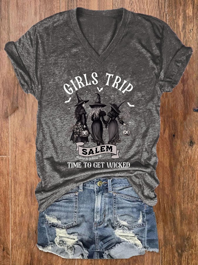 Women's Girls Trip Salem Printed Casual V Neck T-Shirt