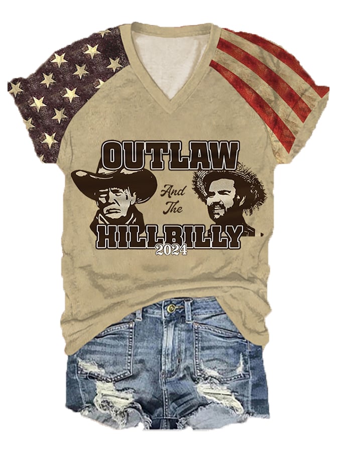 Women's Outlaw And The Hillbilly 2024 American Flag Print Casual V-Neck Tee