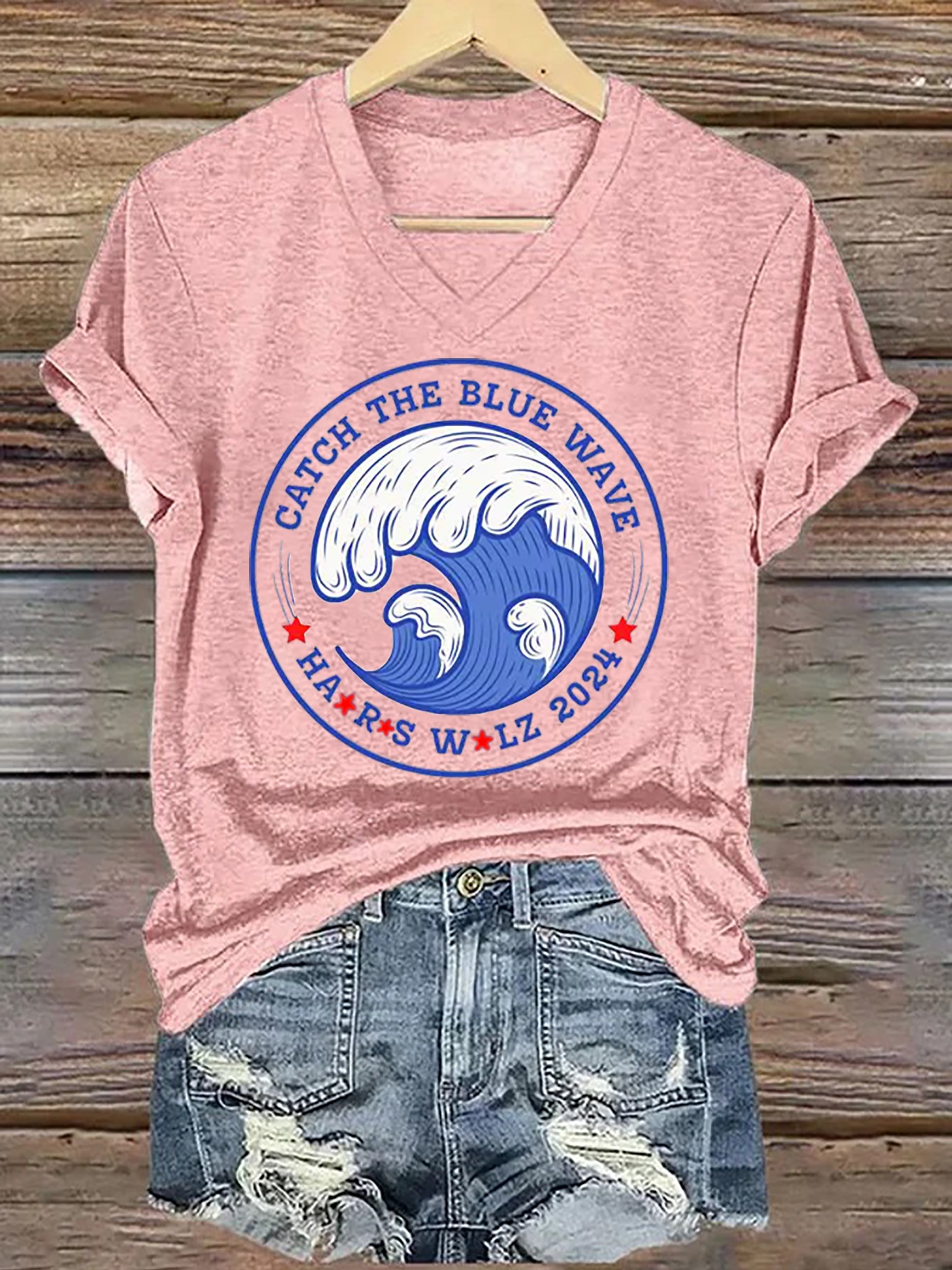 Women's La Catch The Blue Wave Printed Short-Sleeved T-Shirt