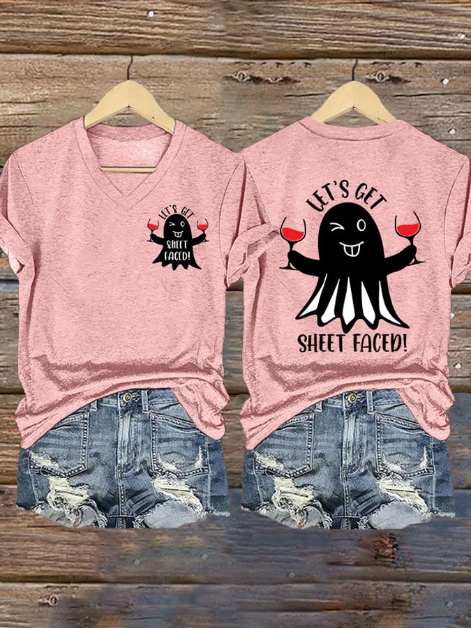Women'S Halloween Let's Get Sheet Faced Printed T-Shirt