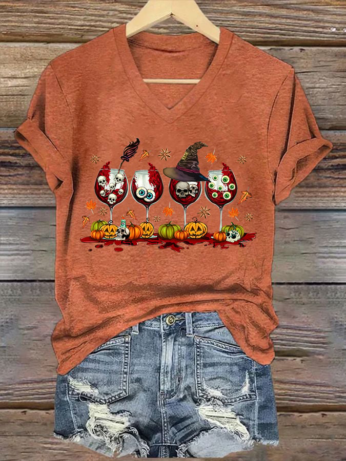 Women's Halloween Red Wine Printed Casual T-shirt