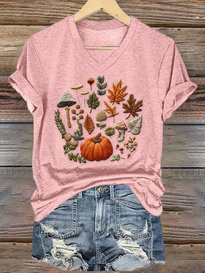 Halloween Pumpkin Maple Leaf Print T-Shirt