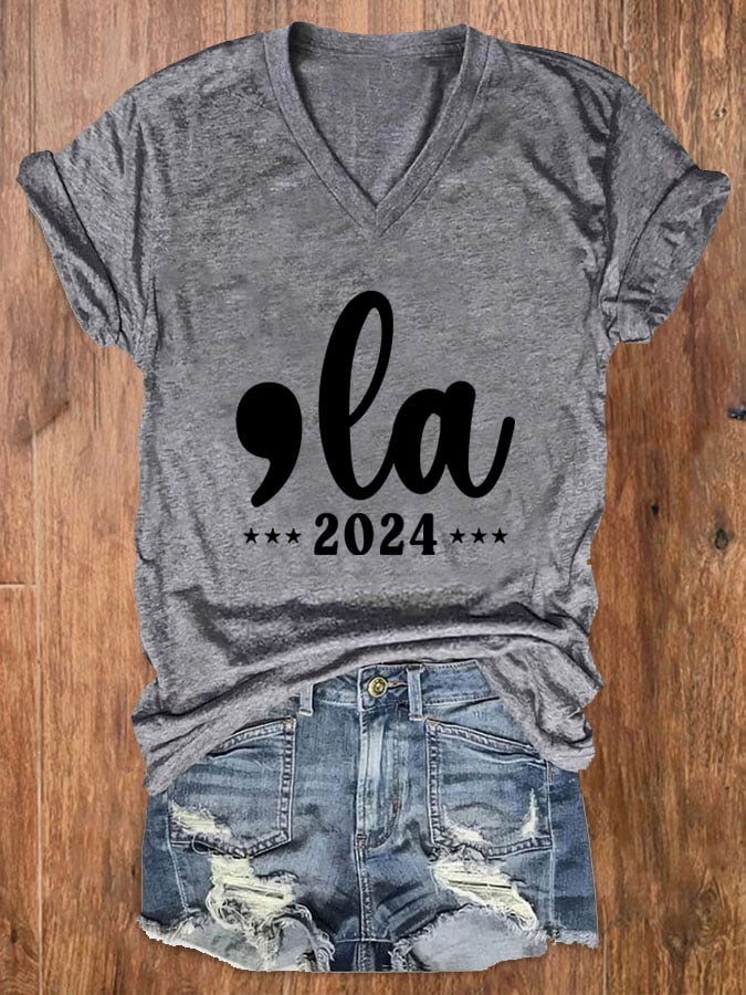 Women's Comma La Printed Casual V-Neck T-Shirt