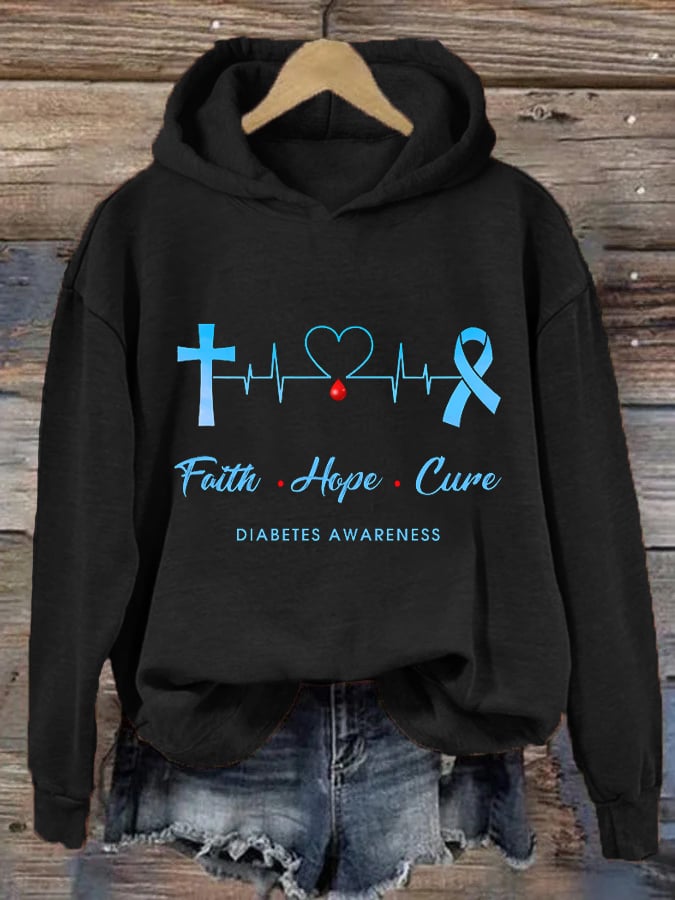 Women's Diabetes Awareness Faith Hope Cure Type 1 Diabetes Awareness Printd Hoodie