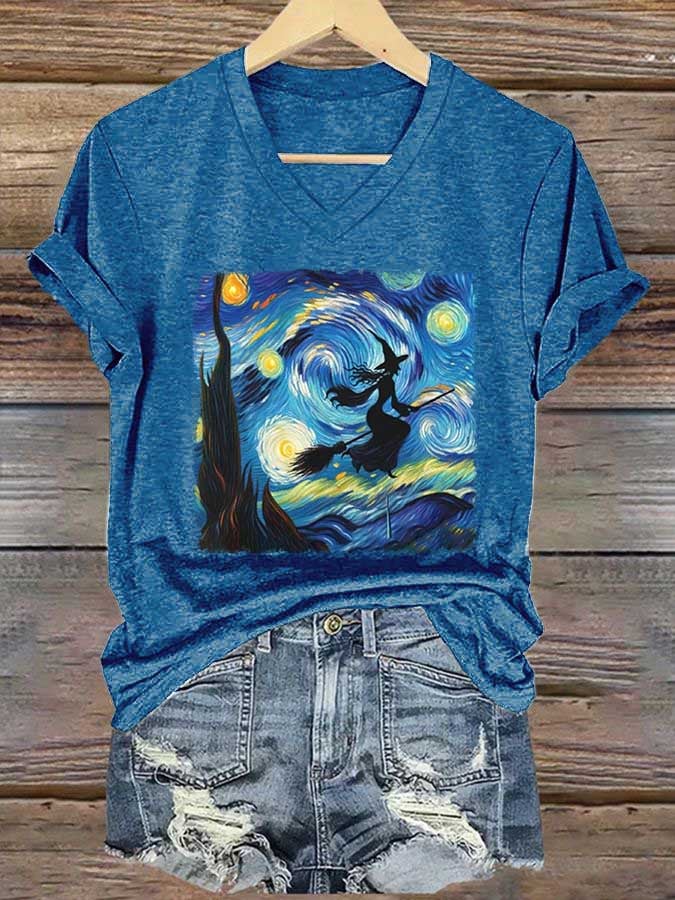 Women's Starry Night Flying Witch Print T-shirt