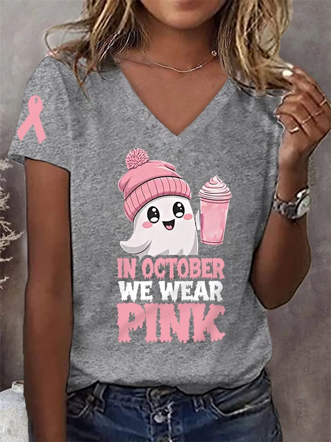 Women's In October We Wear Pink Halloween Ghost Breast Cancer Awareness Warrior V-Neck Tee