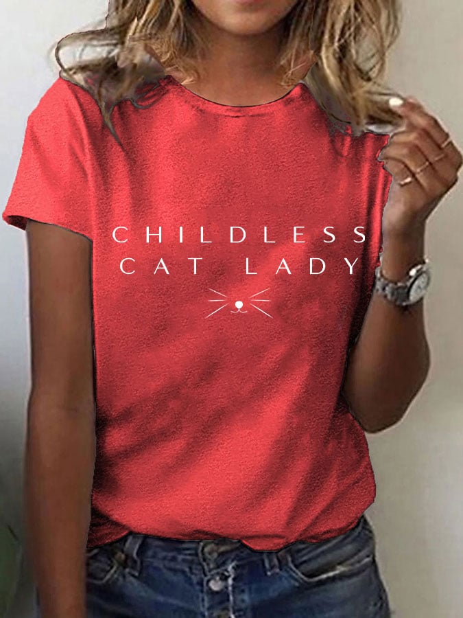 Women's Childless Cat Lady Print O-Neck T-Shirt