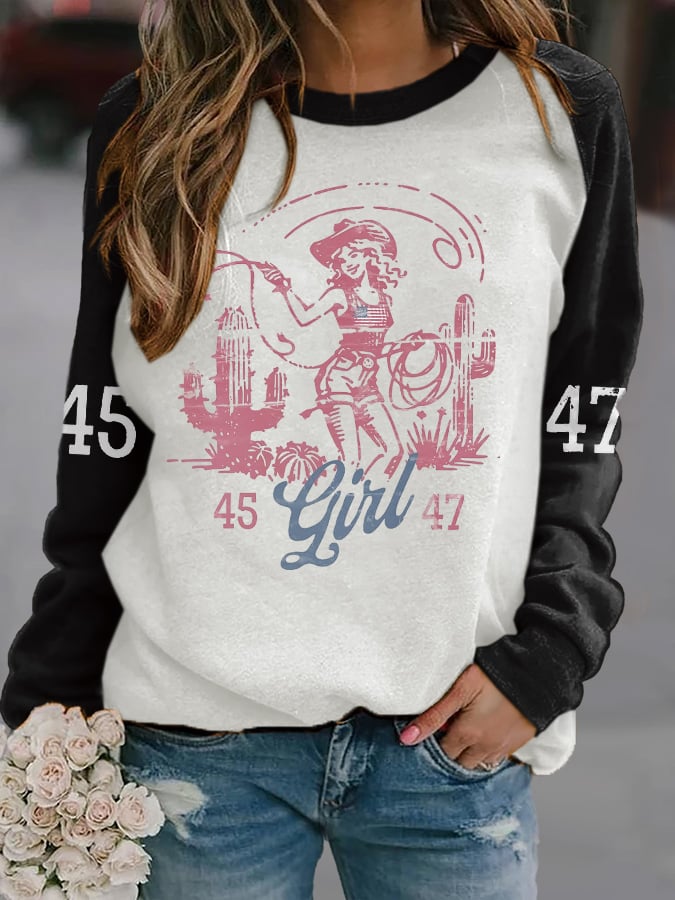 Retro 45 47 Flag Western Cowboy Girl Cactus Print Sweatshirt