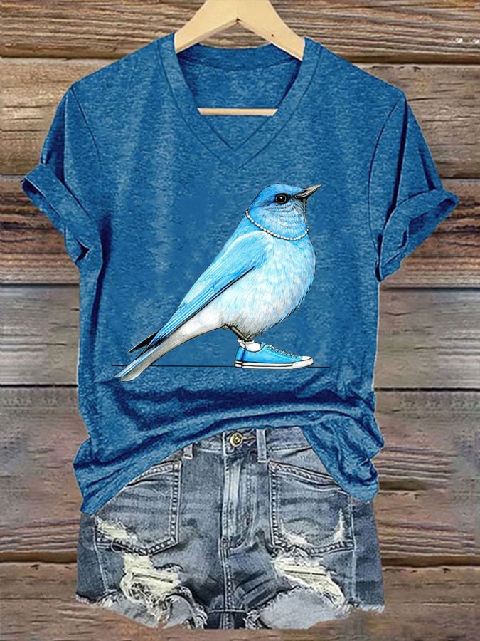 Women's Pearl Necklace Canvas Bird Print T-shirt