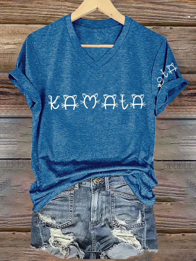 Women's Vintage La Cat Print V Neck T-shirt