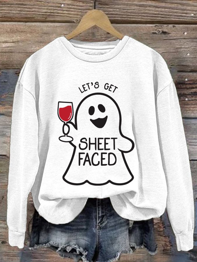 Women'S Halloween Let's Get Sheet Faced Printed Sweatshirt