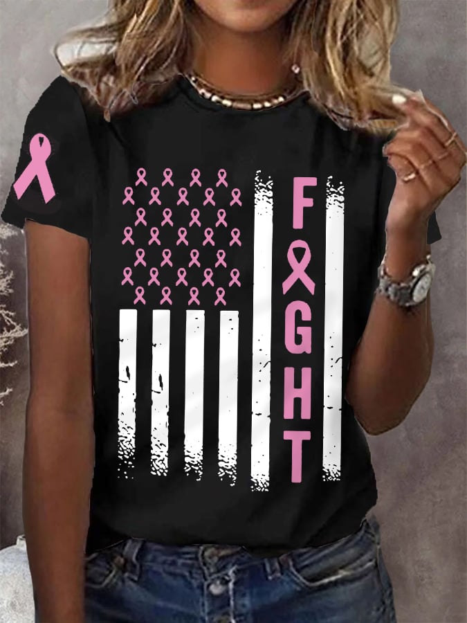 Women's Pink Ribbon Fight Breast Cancer Awareness Warrior American Flag Tee