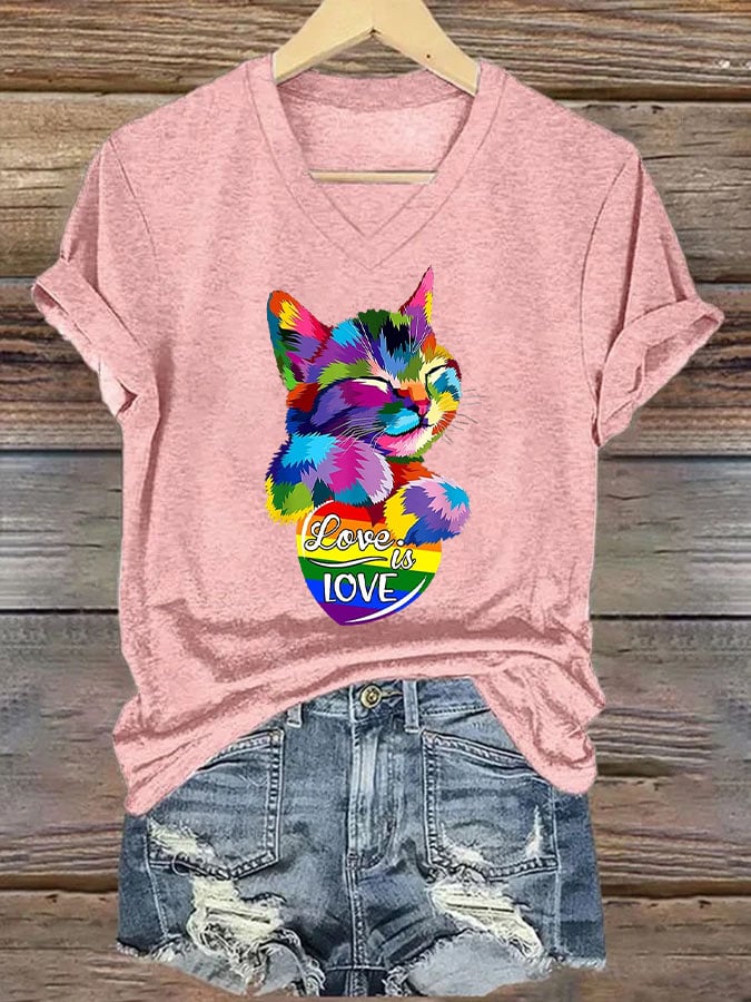 Women's La  Cat Love Is Love Printed Short-Sleeved T-Shirt