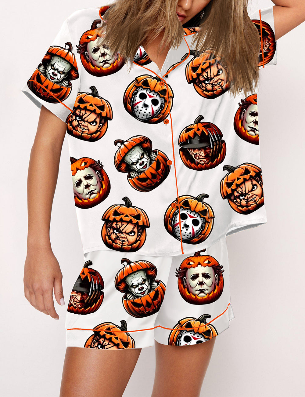 Women's Horror Characters Friends Pumpkin Pajama Set