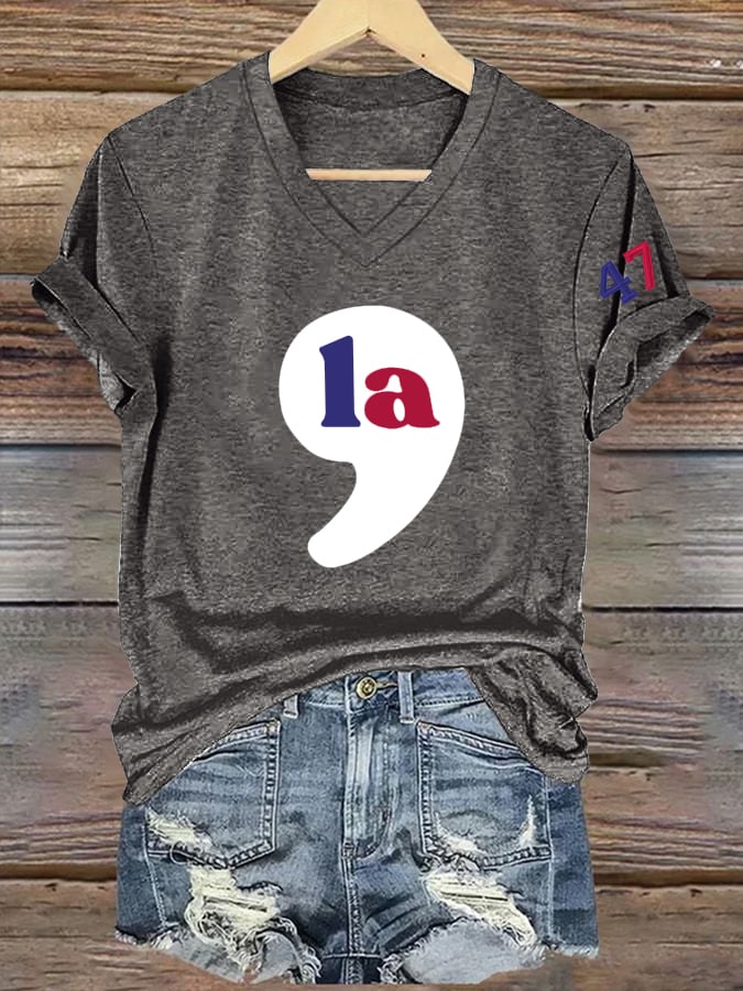 Women's Vintage La 47 Printed Casual V Neck T-Shirt