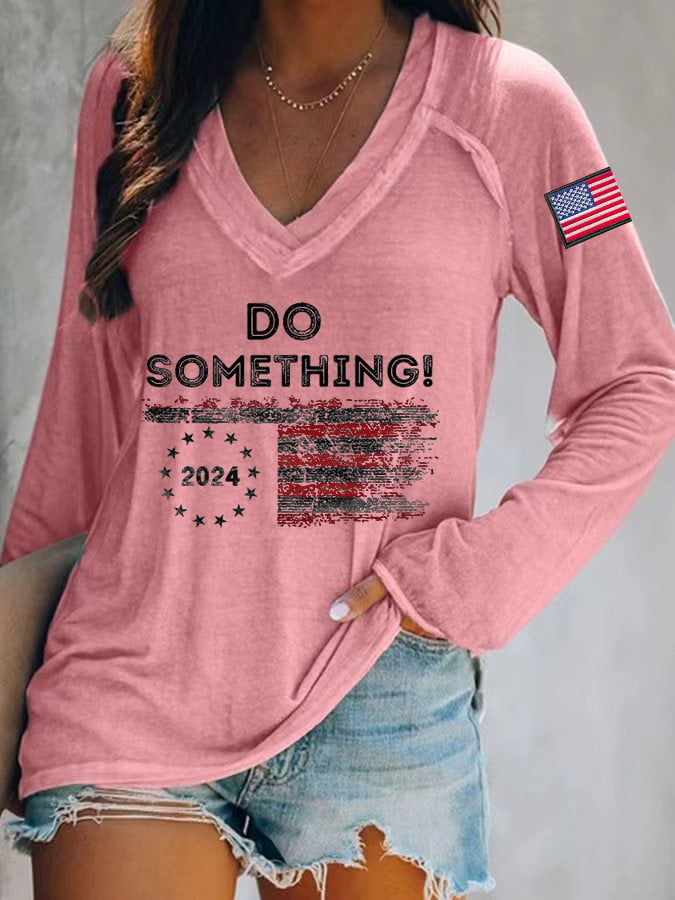 Women's Do Something Long Sleeve V-Neck Printed T-Shirt